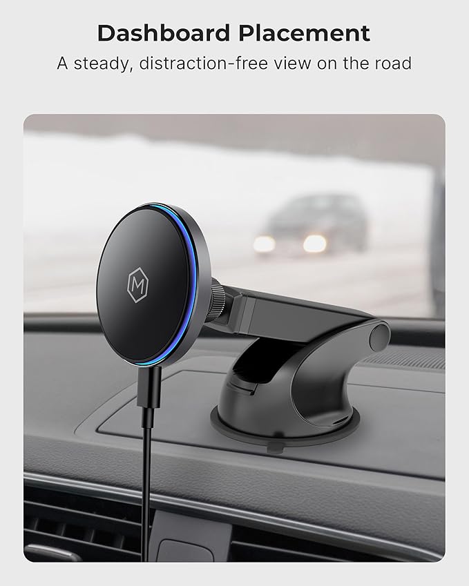 Mag Switch Qi2 Mag Safe Wireless Telescopic Suction Cup Mount, 15W Fast Charger with a Built in on/Off Switch for Smarter Charging, Strong N52 Magnets, Compatible with iPhone 12-17