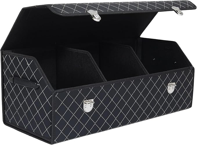 Trunk Organizer with Lid for Car Foldable Storage Box Heavy Duty PU Leather Cargo Organizer for SUV Sedan Waterproof (Black, Large)
