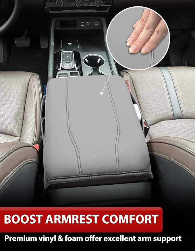 KBH Center Console Armrest Cover for Honda Pilot 2023-2026, Ridgeline 2024 2025, Passport 2024-2026, Middle Console Lid Protector, Vinyl Leather Trim with Side Pockets, Anti-Scratch, Gray