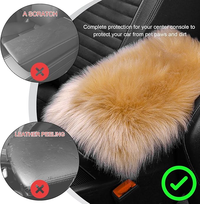 Center Console Cover, 11.81"×7.87" Automotive Fluffy Plush Center Armrest Protector, Universal Furry Comfortable Center Console Pad for Cars Trucks SUVs, Car Accessories (Brown)