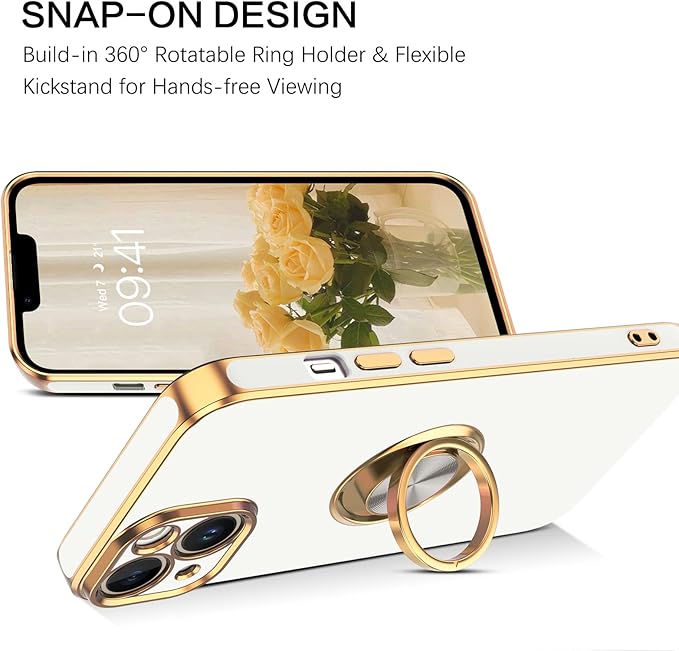 VENINGO iPhone 14 Case,Phone Cases for iPhone 14,Slim Fit Soft 360° Ring Holder Kickstand Magnetic Car Mount Supported Easy Clean Shockproof Protective Cover for Apple iPhone 14 6.1" 2022,White/Golden