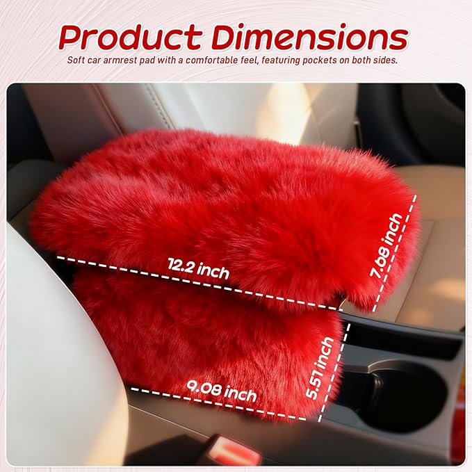 Fluffy Car Armrest Cover with Side Pockets – Plush Fuzzy Fur Center Console Armrest Cushion Pad, Universal Winter Car Interior Protector, Soft Arm Rest Cover with Storage for Women & Men (RED)