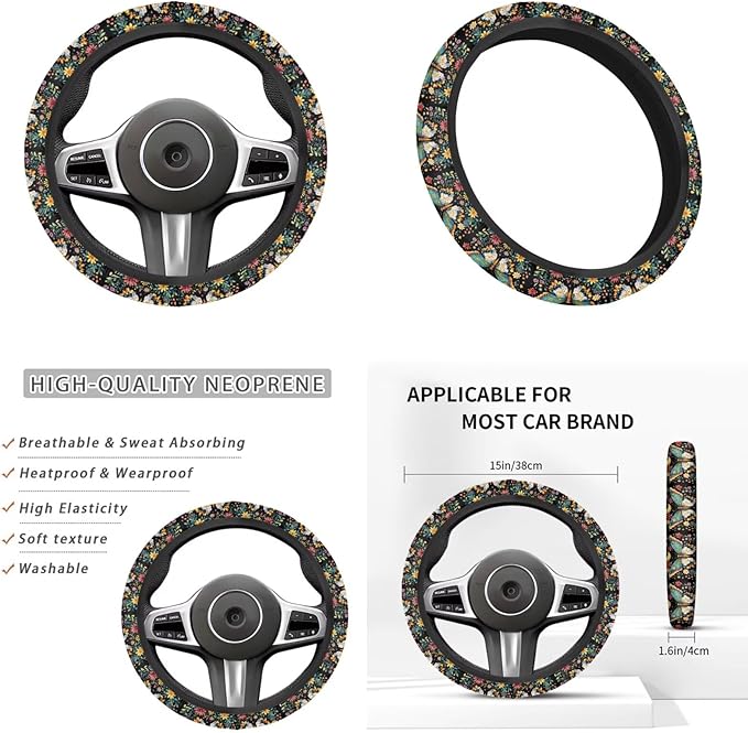 Butterfly Print Car Steering Wheel Cover 6 Pcs Flower Funny Car Interior Decor Cup Coaster Armrest Cover Fits Most Cars Trucks Vans and SUV