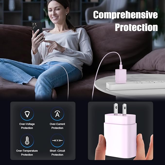 Essri Type C Charger Fast Charging for Samsung Galaxy S25/S24/S23/S22/Note 20,4Pack 25W Super USB C Fast Charger Block with (6ft+10ft) x2 Cables for iPhone 15/16 Pro Max/Plus, Android Phones-Pink
