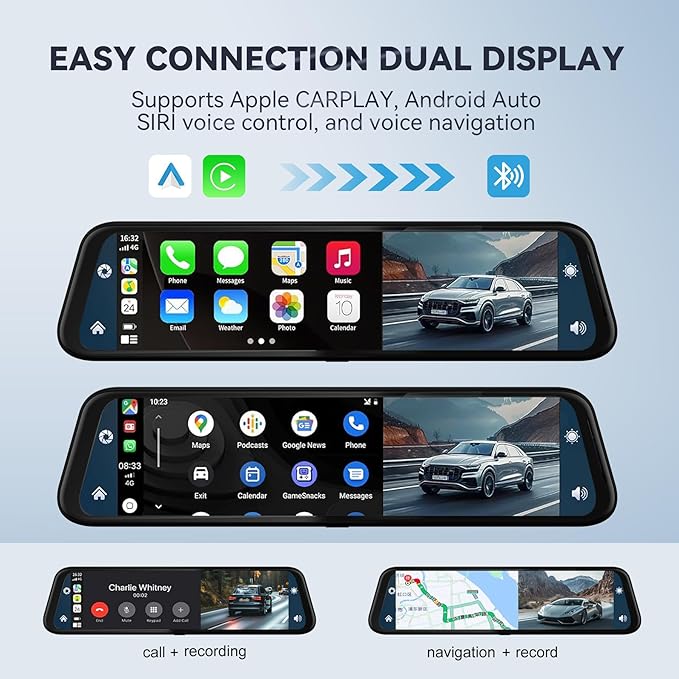 4K Mirror Dash Cam with Carplay&Android Auto,10" Rear View Mirror Camera for Cars/Trucks with Voice Control/Real 64GB Card/Touch Screen/Parking Monitor/Reverse Assist/Dual Loop Record/WDR Tech