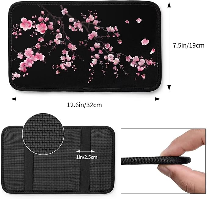 Center Console Cover Pink Floral Cherry Blossom Armrest Lid Cover Flower Arm Rest Cover Pad Middle Console Lid for Most Vehicle, SUV, Truck, Sedans, Black