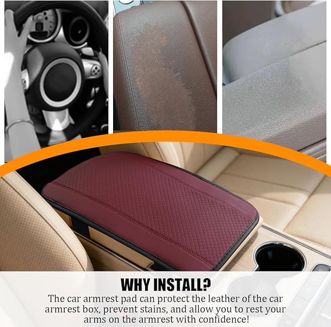 Car Center Console Cover, PU Leather Vehicle Armrest Seat Box Cover Protector, Comfortable Automotive Interior Arm Rest Cushion Pad Accessories, Universal for SUV Sedan Truck (Wine Red)