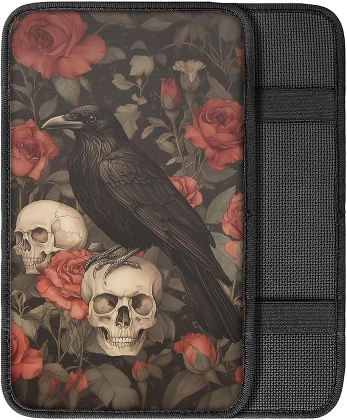 Crow Print Armrest Cover Pad for Car Skull Rose Print Center Console Cushion Pad Universal Decorative Car Armrest Box Protector Cover, Black