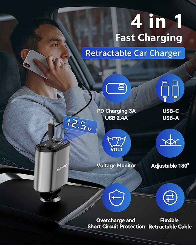 BERTHALESS Retractable Car Charger, 4 in 1 Fast Charging Car Charger with USB-C & USB-A, Compatible with iPhone 17/16/15/14/13/12/11,Galaxy,Pixel, Car Accessories for Men Women Drivers