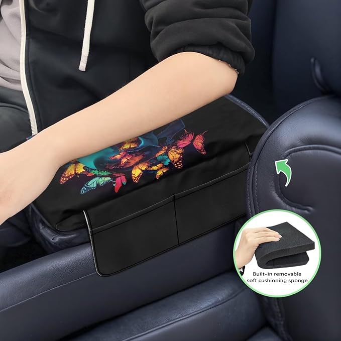 Wanyint Skull Butterfly Car Center Console Pad Non-Slip Armrest Box Mat with 4 Storage Bags Comfortable Center Console Armrest Pillow Arm Rest Cushion Protector Auto Accessories