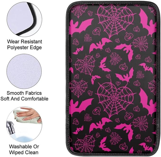 Dreaweet Purple Center Console Armrest Pad Cover Goth Car Accessories Interior Middle Console Cover Anti-Scratch Comfort Car Armrest Storage Box Mat,Love Heart Spider Web and Bats Decor