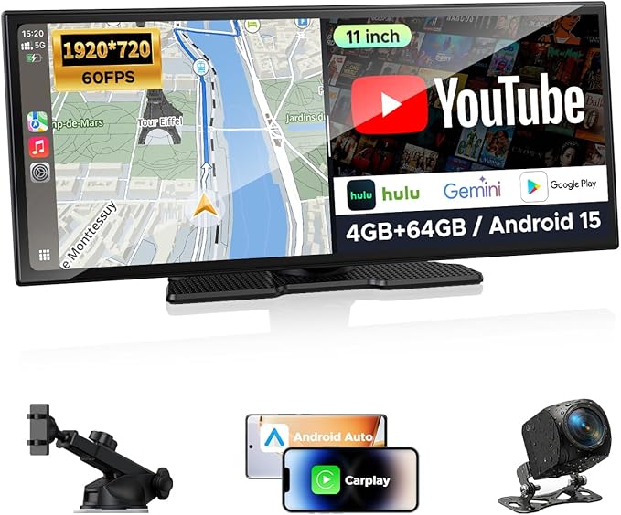 11" AI CarPlay Screen with Full Google-Play Access: Download Apps for Streaming, Gemini & More, 8-Core Processor, Built-in GPS, 1920x720 IPS 60FPS Screen, Android Auto, OTA, 1080P DVR Backup Camera