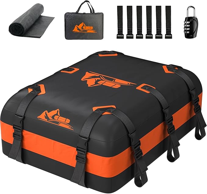 Car Rooftop Cargo Carrier Bag 20 Cubic Feet, 100% Waterproof Heavy Duty Car Roof Bag for All Vehicle with/Without Racks - Anti-Slip Mat, 6 Door Hooks, Storage Bags, 5CM Straps(Orange)