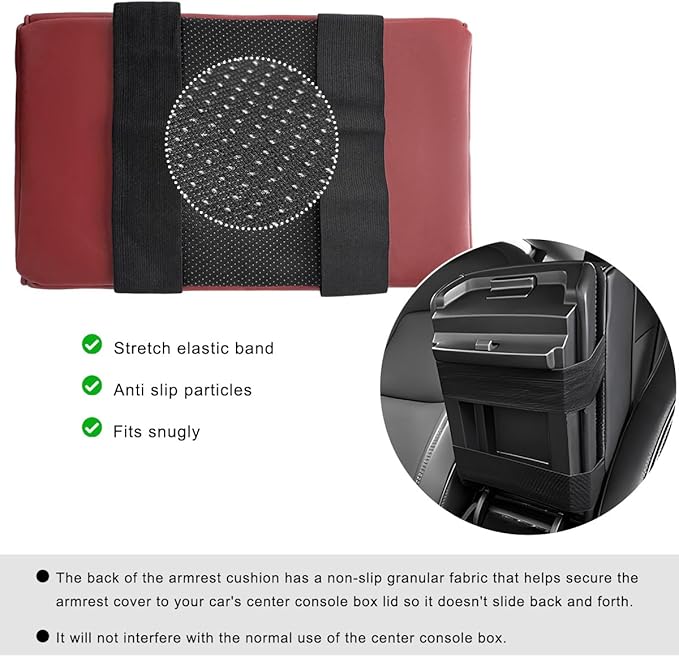 Car Center Console Armrest Pillow, 14"×8.3" Waterproof Leather Armrest Box Cover with Cup and Phone Holder, Soft Memory Foam Arm Rest Console Pad Protector for SUV Truck (Wine Red, Glossy)