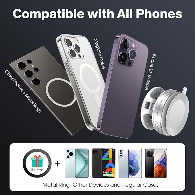 Jikasho Vacuum Magnetic Car Phone Holder for Magsafe, Hands-Free 360° Adjustable Suction Cup Phone Mount for Car/Gym/Mirror/Smooth Surface, Compatible with iPhone & Android (White)