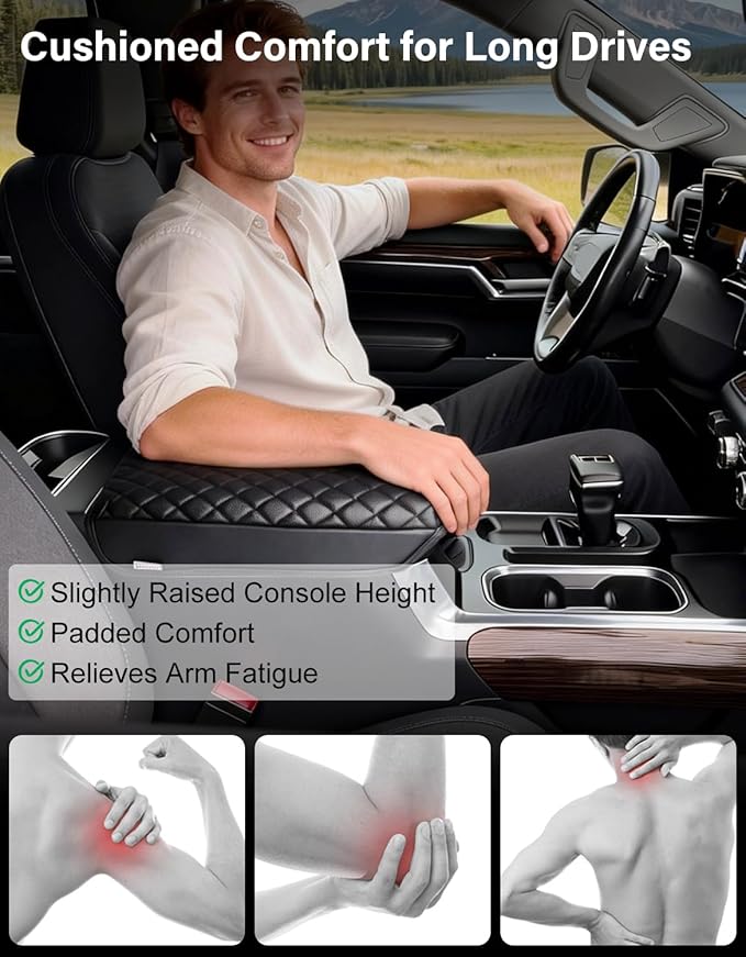 Center Console Armrest Cover for Chevy Chevrolet Silverado 1500/GMC Sierra 2019-2026, Yukon/Suburban/Tahoe 2021-2026, PU Leather Middle Console Lid Protector Arm Rest Cushion Thick Pad(Bucket Seat)