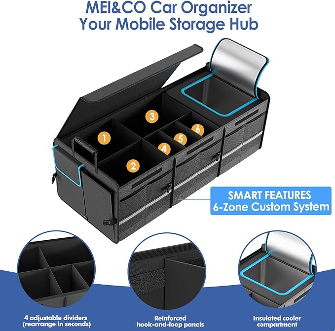 MEI&CO Car Trunk Organizer - 2.5mm PP Board Built, 35L Leakproof Cooler, 105L Capacity, 2 Tie-Down Straps, 4 Adjustable Dividers, Foldable Design for SUVs, Trucks, and Cars