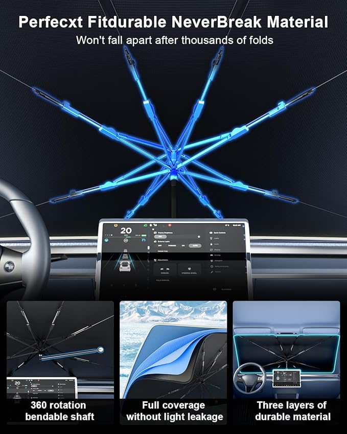 helloleiboo 𝟮𝟬𝟮𝟲 𝗨𝗽𝗴𝗿𝗮𝗱𝗲𝗱 Car Windshield Sun Shade Umbrella 53" x 30" – Foldable Sun Shade with 5-Layer Vinyl Coating, Reflective Heat & UV Protection, Fits Compact Cars & Small Sedans