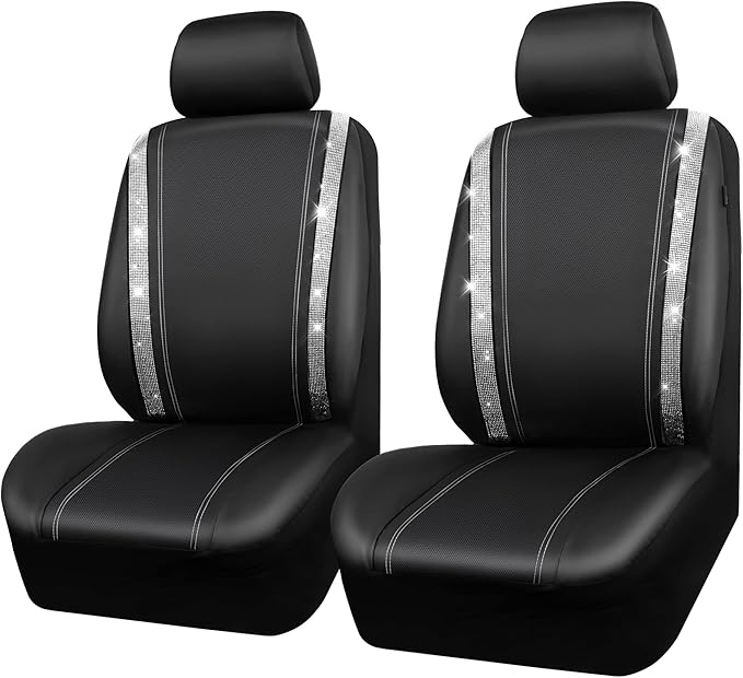 CAR PASS Leather Bling Diamond Car Seat Cover 2 Front Interior Sets, Waterproof Universal Shining Glitter Crystal Sparkle Fit for 95% Automotive Truck SUV Cute Women Girl, Black Silver Rhinestone