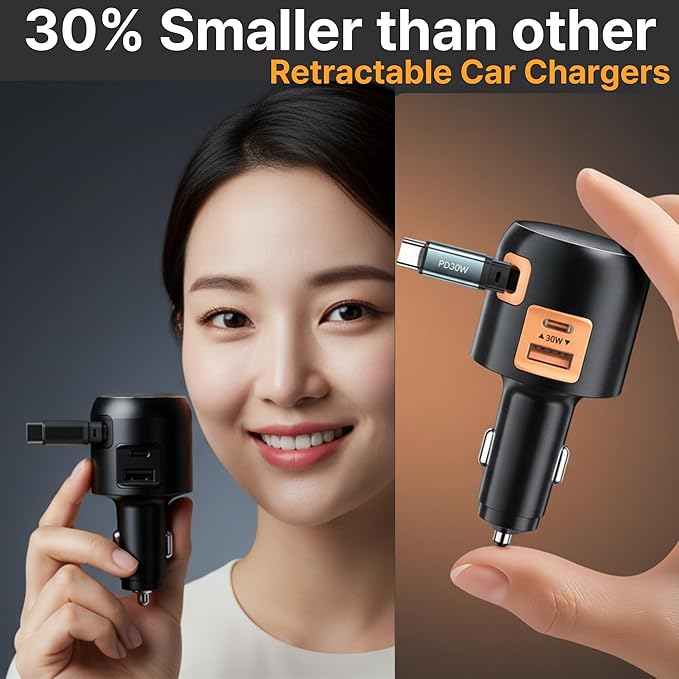 60W Retractable Car Charger, 3-in-1 USB-C Fast Charging Cigarette Lighter Adapter with Built-in Retractable Cable, Compatible with iPhone 16/15 Pro Max, Galaxy S25, iPad(Black)