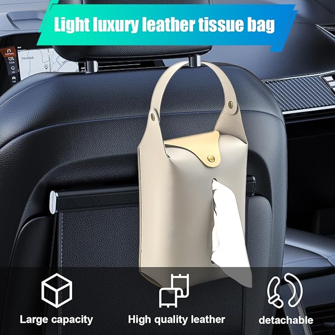 Car Tissue Holder, Large Car Headrest Hanging Tissue Box Cover, PU Leather Auto Napkin Holder, Universal Vehicle Backseat Paper Organizer for Cars Sun Visor (Grey)