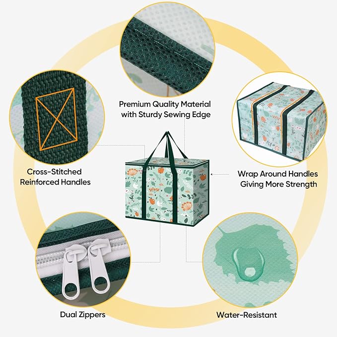 BALEINE 2Pk Insulated Reusable Grocery Bags, Collapsible Cooler Bag for Groceries, Heavy Duty Large Insulated Bag (16''x9''x13'', Spring Stroll)