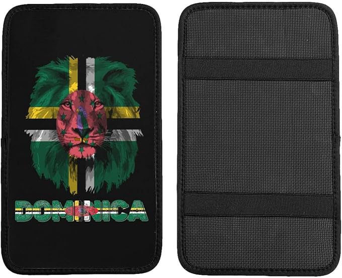 Vintage Dominica Dominican Flag Lion Head Auto Center Console Armrest Cover Car Handrail Box Cushion Pad Mat Universal Fit Most Vehicle Sedan Truck SUV Soft Comfort Decor Accessories