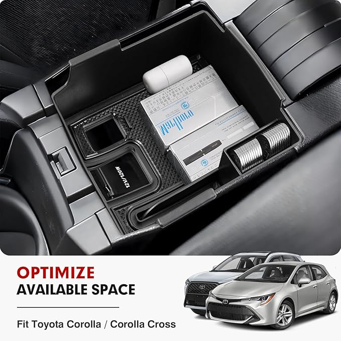 Autorder Center Console Organizer for 2019-2026 Toyota Corolla/ 2022-2026 Corolla Cross Accessories Car Armrest Storage Box Middle Console Tray Container with Non-Slip Silicone Mats