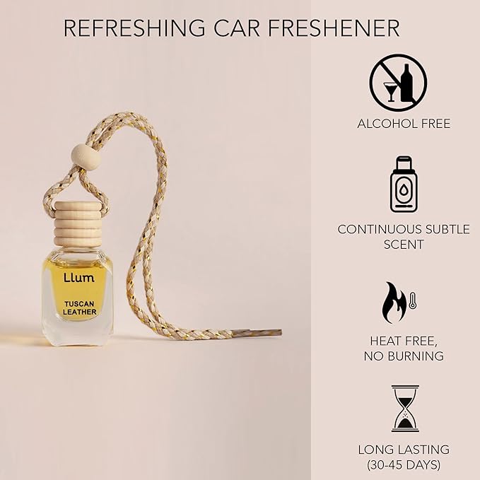 Llum Tuscan Leather Hanging Car Air Freshener – Luxury Automotive Perfume Diffuser 10ml (0.34 fl oz), Long-Lasting Fragrance, Alcohol-Free Non-Toxic Scent, Glass Bottle With Wood Cap