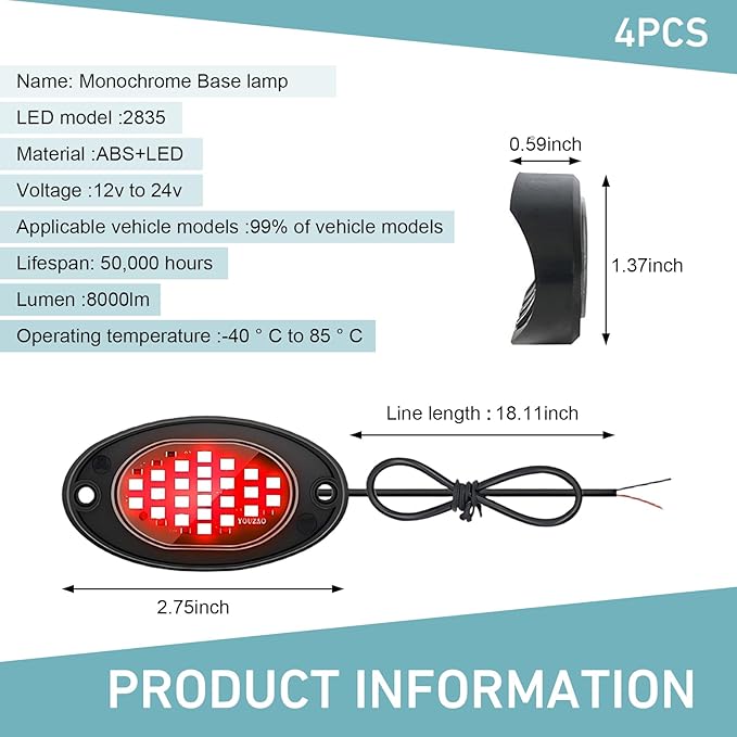 4 PCS LED Rock Lights Kits, Super Bright Ambient Underglow Lights, Waterproof LED Rock Light Kit, Universal Undercar Light for Pickup Off Road RZR SUV ATV UTV Car (Red)