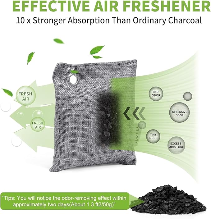 CLEVAST 16 Pack Activated Bamboo Charcoal Air Purifying Bags(8x100g, 8x50g), Natural Fresh Odor Absorber, Deodorizer and Moisture Eliminator, Air Purifier Bags for Home, Closet, Car Air freshener