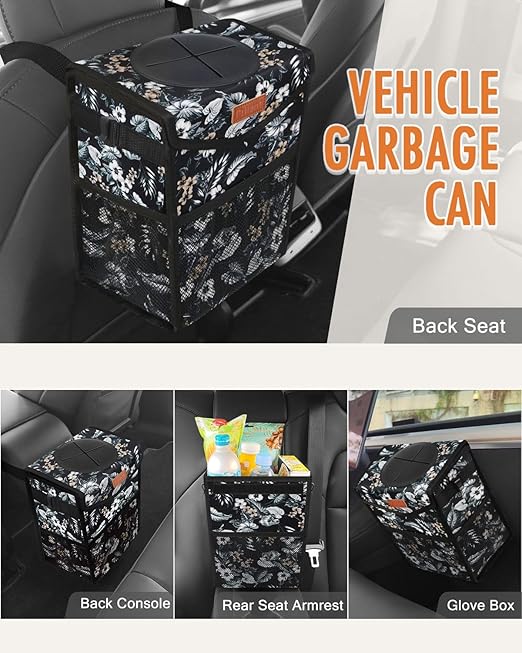 Pritent Car Trash Can with Lid, Cute Leakproof Car Trash Garbage Bag Hanging Vehicle Trash Bin Small Portable Automotive Garbage Cans Organizer for Back/Front Seat(Trapezoid,Black with Lily Print)