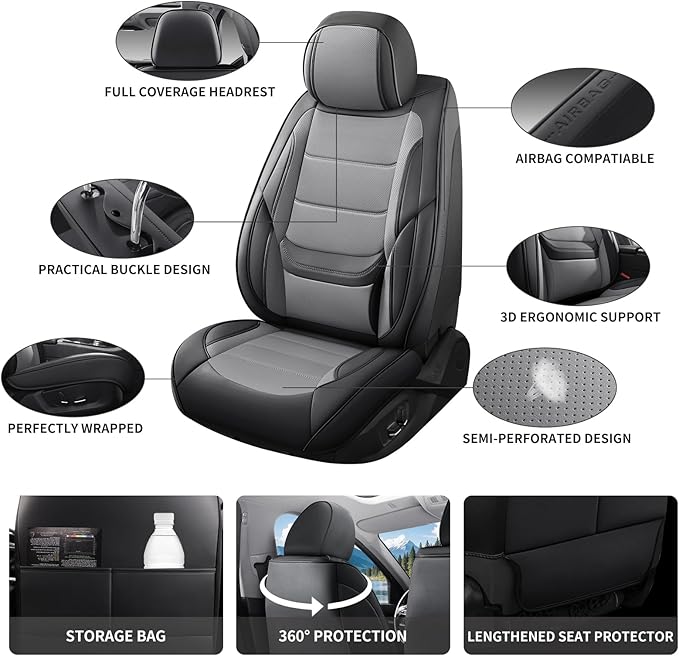Car Seat Covers Full Set Custom Fit for Chevy Blazer 2019-2025 2026 - Premium Faux Leather with Lumbar Support, Breathable, Anti-Slip & Full Wrapping Edge (Black&Gray,Full Set)
