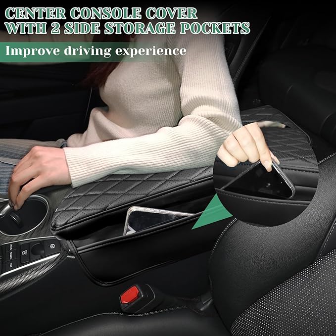 Center Console Armrest Cover Compatible with Toyota Camry 2018-2024 Leather Middle Console Arm Rest Box Protector Cushion Padding with Side Pockets Anti-Scratch Black