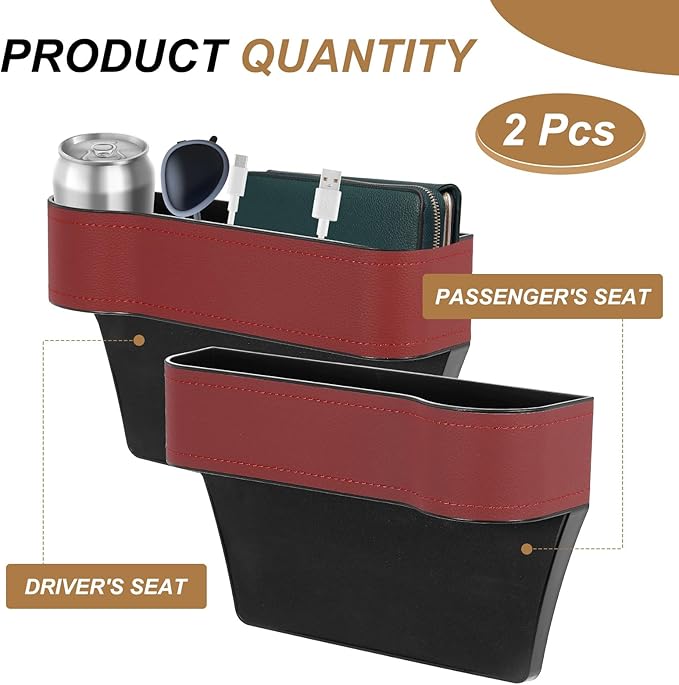 HARFINGTON 2pcs Car Seat Gap Filler Organizer 10.2 x 6.5 x 3.1 Inch ABS+Leather Universal Car Organizer Storage Box Between Seat and Console (Left+Right) with Cup Holders for Phone Keys, Red