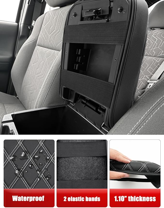 Center Console Armrest Cover for Toyota Tacoma 2016-2023, Middle Console Cushion Pad, Arm Rest Lid Covering, Vinyl Leather Interior Accessories, Black-Gray Stitches