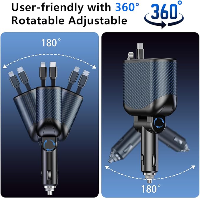 OHLPRO Retractable Car Charger Cigarette Lighter Adapter, 168W 5 in 1 Fast Phone Charging Built-in Replaceable Fuse, Socket Splitter with USB C and USB i Cord, Fit for Phone iPad Galaxy GPS, Blue