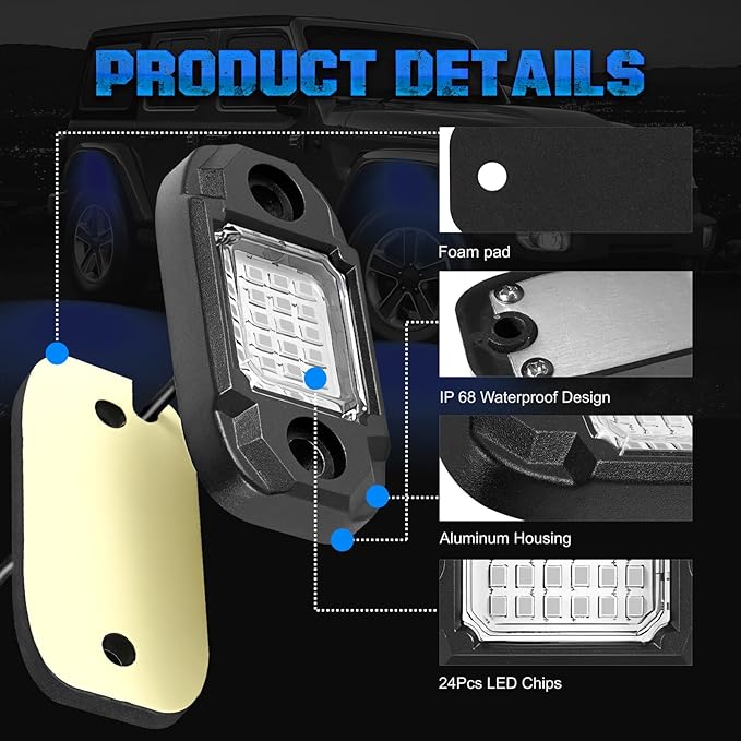 12Pods LED Rock Lights Blue 24led Chips Waterproof Neon Underglow Lighting Kit for Trucks SUV ATV Car