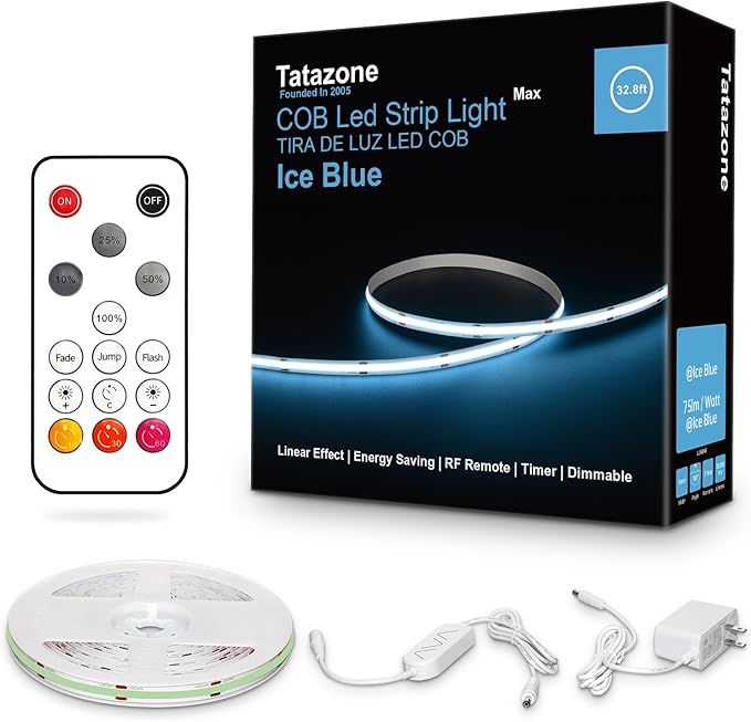 Tatazone 32.8ft Ice Blue COB Led Strip Lights with RF Remote, Dimmable Bright Adhesive Indoor Led COB Light Strip for Cabinet, Painting, Room, Bed