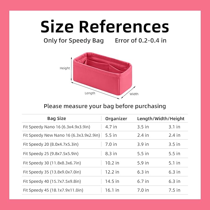 DGAZ Silk Purse Organizer Insert Fits LV Speedy 16/20/25/30/35/40/45 bags，Silky Smooth Bag Organizer，Luxury Handbag & Tote Shaper(Rose lipstick,SP16)