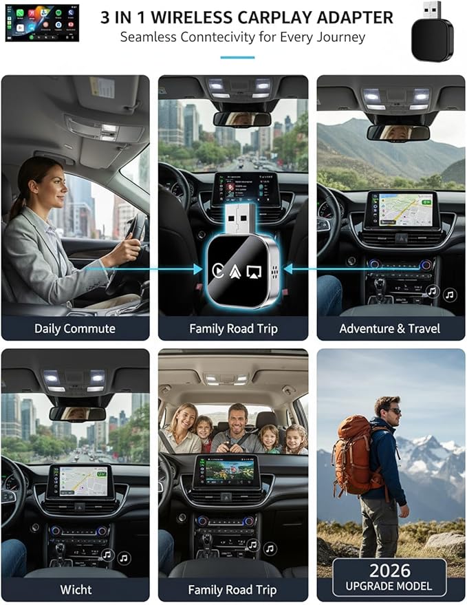 3 in 1 Wireless Carplay Adapter, Car Screen Mirroring Converter, 2026 Upgrade Mirror iOS Phone for iPhone/Airplay/Apple/Android, Bluetooth Auto Link, Wired to Wireless, Plug & Play (for iPhone)