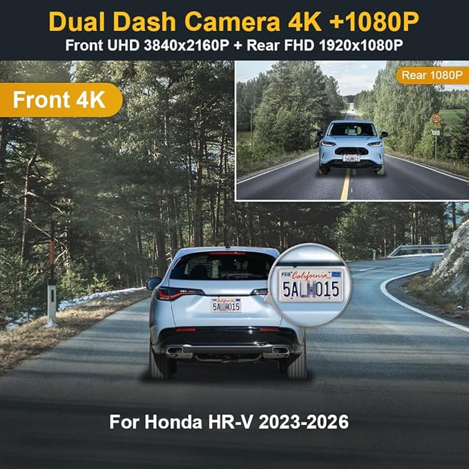Fitcamx Front 4K+Rear 1080P Dash Cam Adapts for Honda HR-V 2023-2026 Sport LX EX-L (Gen3), OEM Factory Look, Dual HD Video, Built-in WiFi & APP, Loop Recording, G-Sensor, Easy to Use, 128GB Card