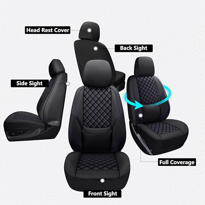 Wrangler Seat Covers 2007-2026 Full Set, Waterproof Leather Interior Sets with Lumbar Support Custom Fit for Jeep Wrangler JK JL 4 Door Unlimited Sahara/Sport/Rubicon X 392 Willys, Black Blue
