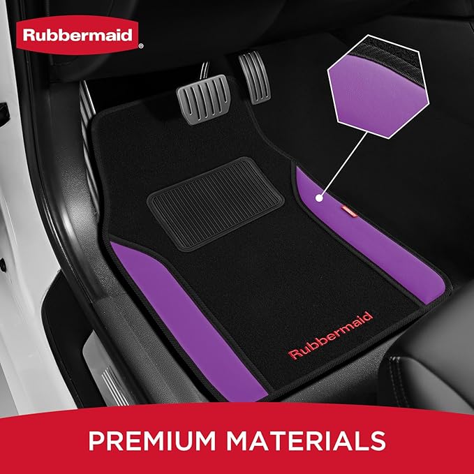 Rubbermaid Car Mats, Carpeted Floor Car Mat with Faux Leather & Built-in Heel Pad, Two-Tone Car Rug Floor Mats, Stylish Carpeted Floor Mats for Cars, Trucks & SUVs Purple Color