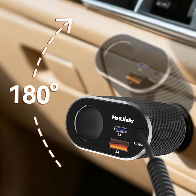 180W Retractable Car Charger Cigarette Lighter Splitter, Fast Charging Socket with Replaceable Fuse, Dual Cables for Type-c&Lightning Cord Fits for Dash Cam/Laptop/iPad/iPhone/Galaxy