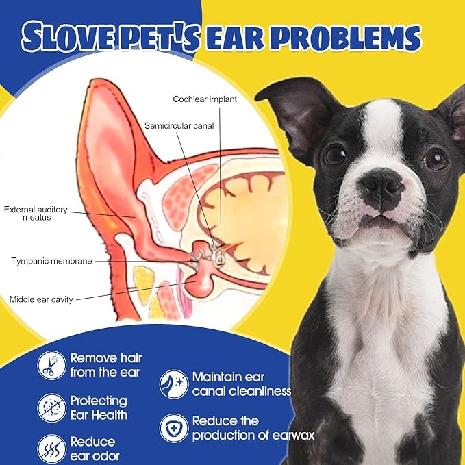 Upgraded Dog Ear Powder with 5.5 Inch Hair Removal Tool, Pet Ear Grooming Cleaner for Wax and Odor Control, Keeps Ears Dry & Soothes Itchiness
