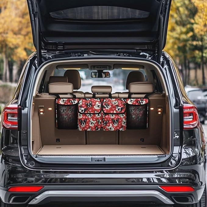 Car Trunk Organizer Pink Heart Dogs Collapsible Hanging Cargo Bag for Grocery Cargo Large Capacity Car Storage Bag with 3 Adjustable Buckles,Easy to Install