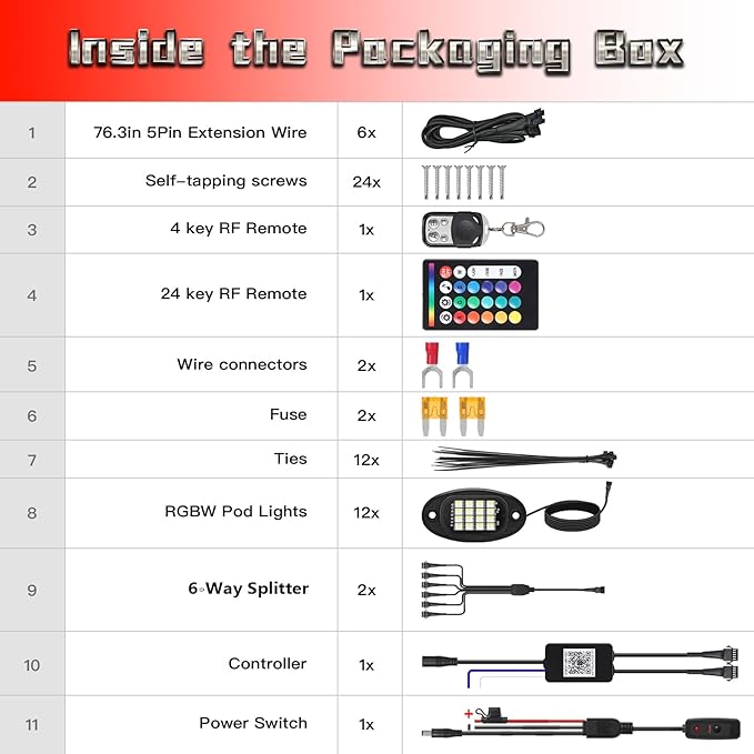 12 Pods RGBW LED Rock Lights for Truck Jeeps Trailer Off Road Van ATV UTV RV, Waterproof Multicolor Neon Underglow Kit with APP/RF Remote Control&Brake Red Function,12V Pure White Underbody Lights