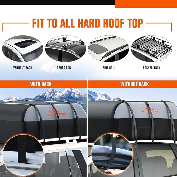 ACLONG 21 Cubic Feet Car Roof Bag 840D Waterproof Rooftop Cargo Carrier Bag for All Cars with/Without Racks Includes Anti-Slip Mat Storage Bag Combination Lock 6 Door Hooks