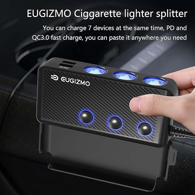 EUGIZMO Cigarette Lighter Plug Splitter, 3 Socket 200W Car Cigarette Lighter Adapter USB Charger Extension Cord Multi Port Power Plug 12V/24V Splitter with LED Voltage Display Independent Switches